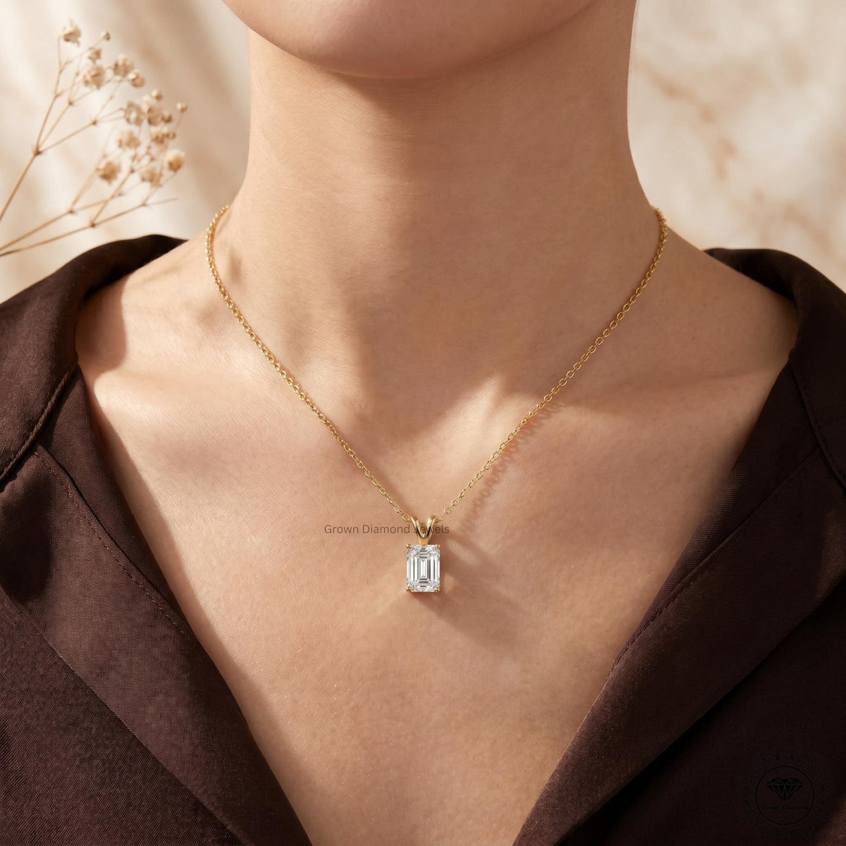 Lab Grown Emerald Diamond Pendant Necklace 18K Gold Dainty - GrownDiamondJewels