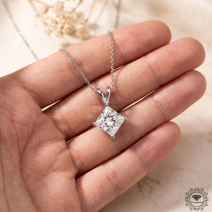 Lab Grown Princess Diamond Solitaire Necklace 18K White Gold - GrownDiamondJewels