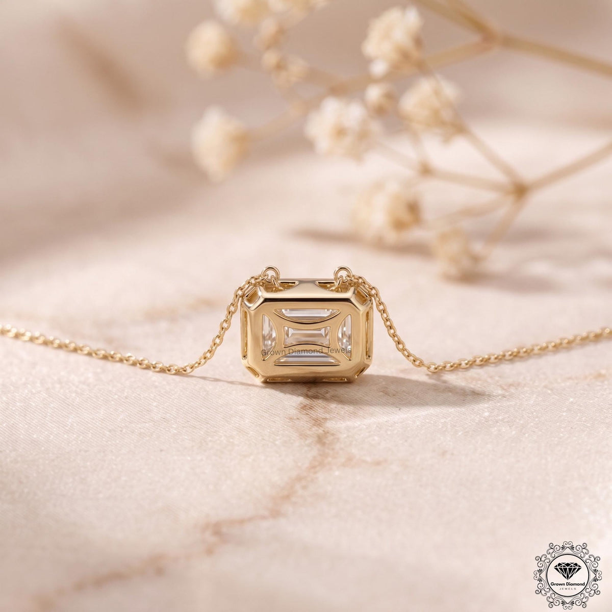 Emerald Diamond Bezel Set Pendant Lab Grown East West - GrownDiamondJewels