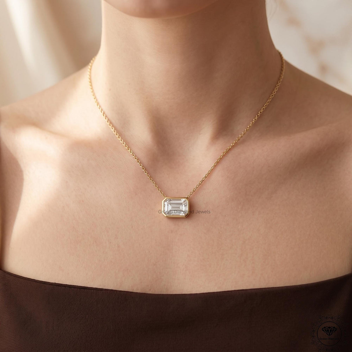 Emerald Diamond Bezel Set Pendant Lab Grown East West - GrownDiamondJewels