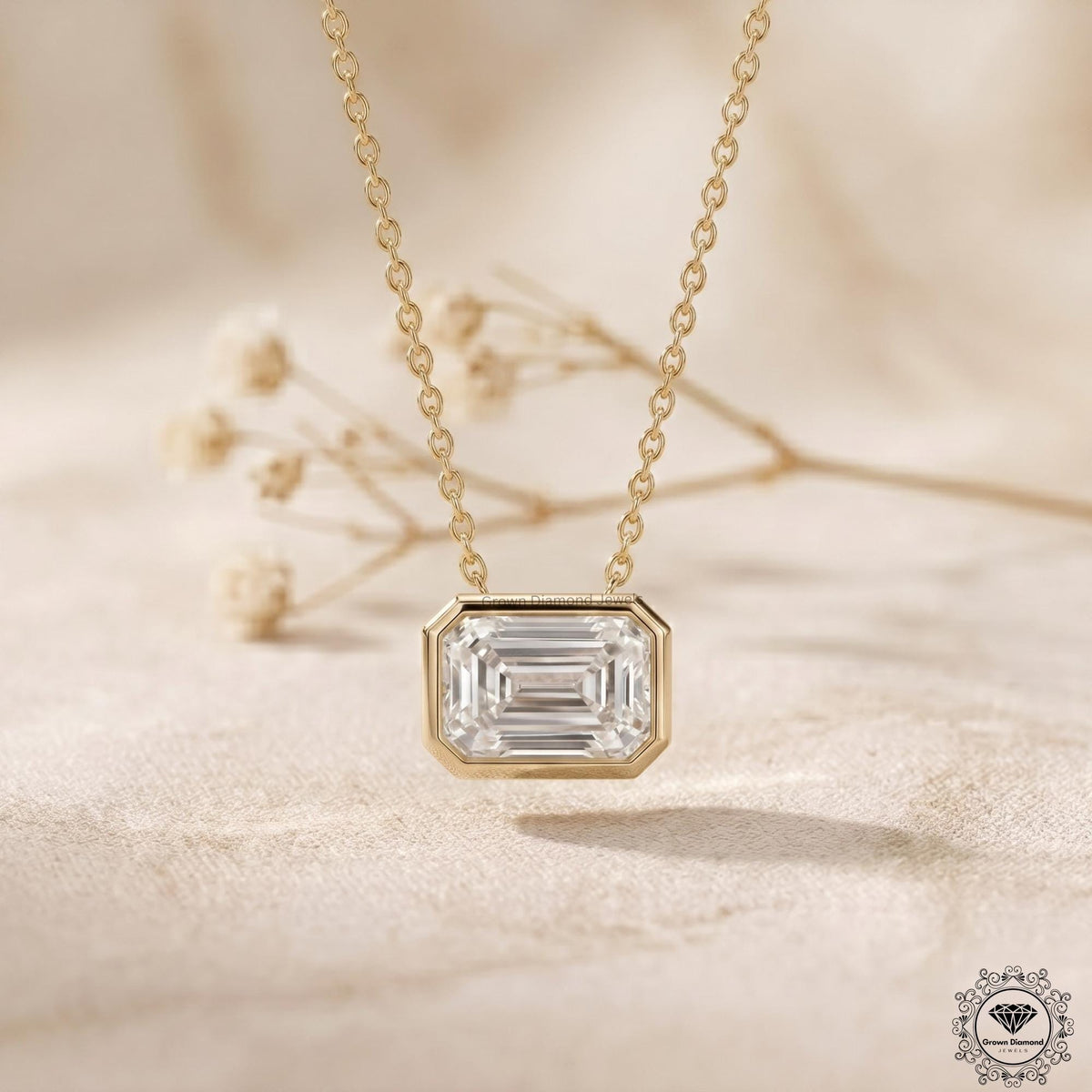 Emerald Diamond Bezel Set Pendant Lab Grown East West - GrownDiamondJewels