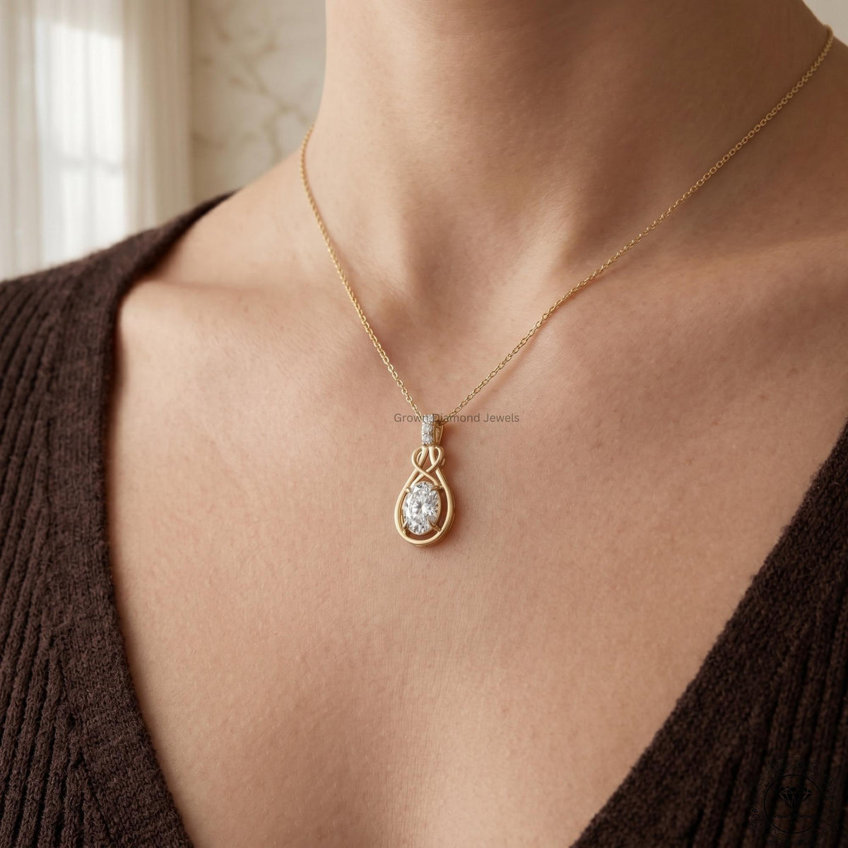 Oval Lab Grown Diamond Infinity Knot Pendant Necklace 14K - GrownDiamondJewels