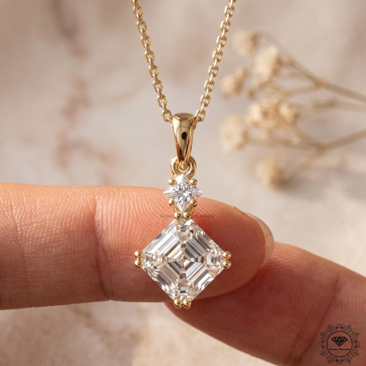 Asscher & Princess Lab Grown Diamond Two Stone Pendant - GrownDiamondJewels