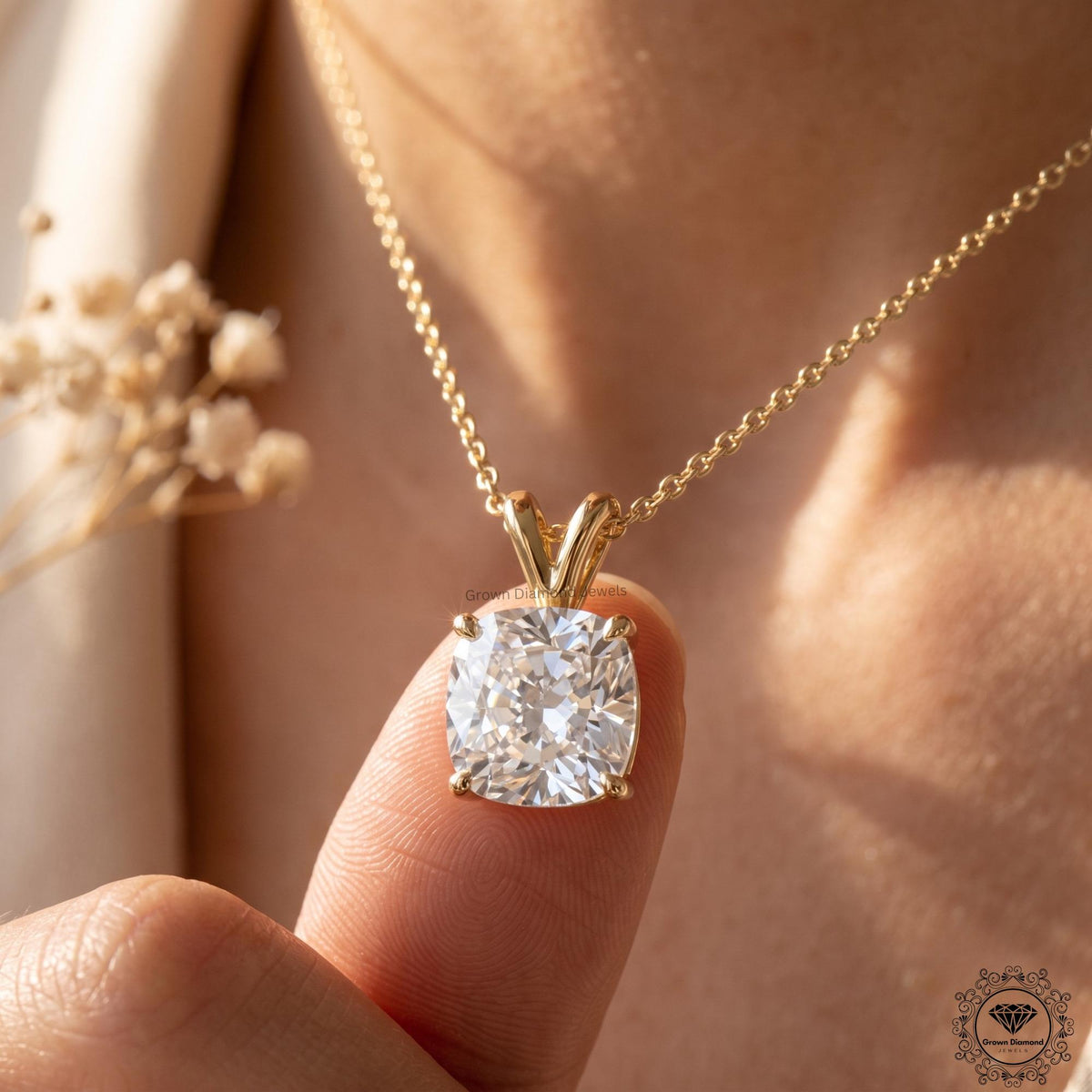 Cushion Cut Lab Grown Diamond Solitaire Pendant Necklace - GrownDiamondJewels