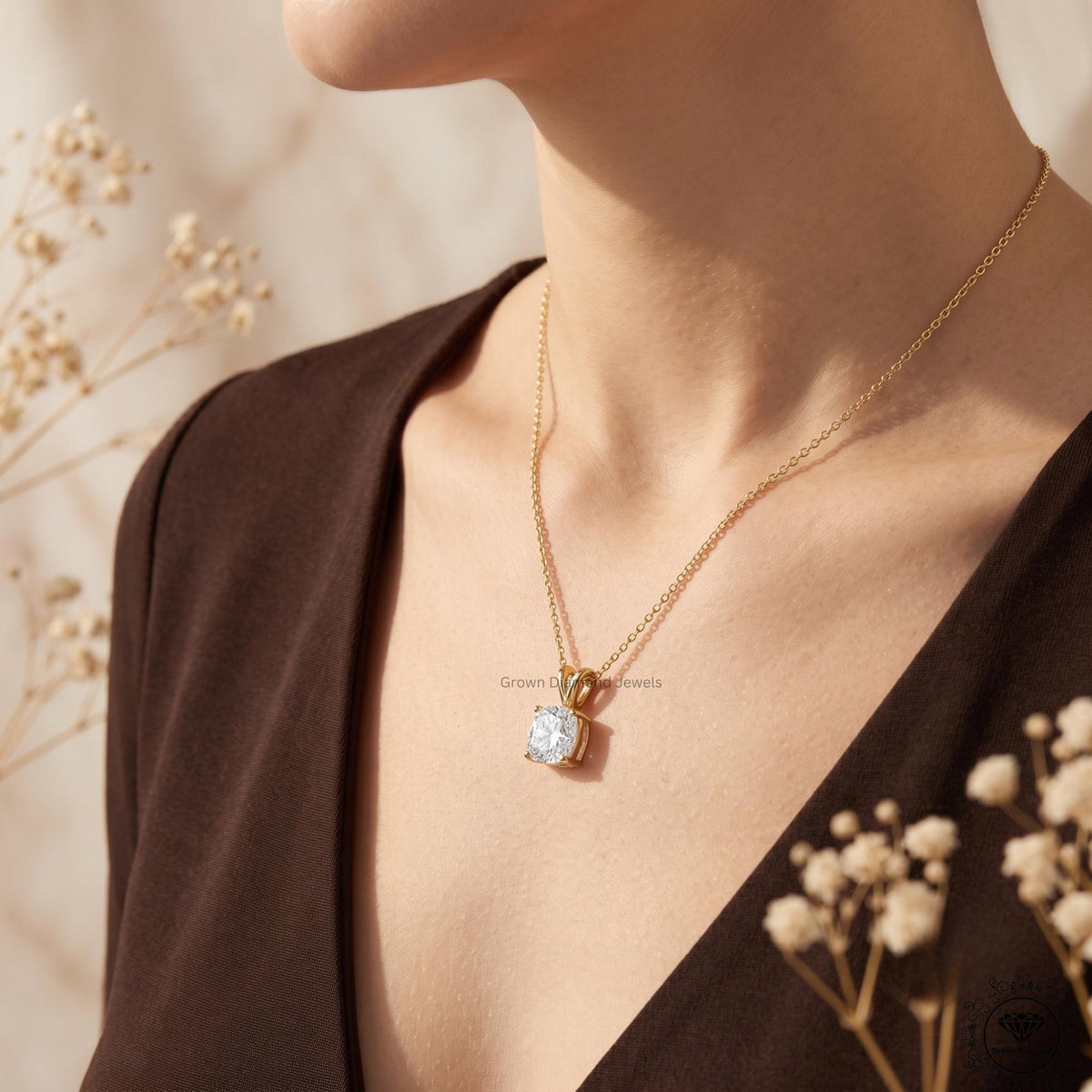Cushion Cut Lab Grown Diamond Solitaire Pendant Necklace - GrownDiamondJewels