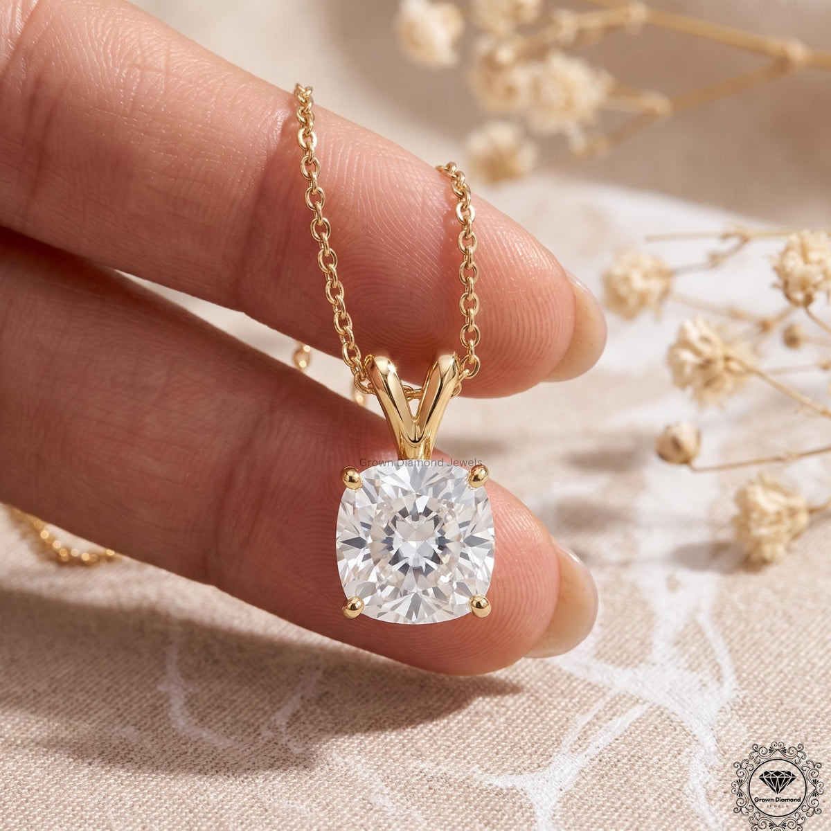 Cushion Cut Lab Grown Diamond Solitaire Pendant Necklace - GrownDiamondJewels