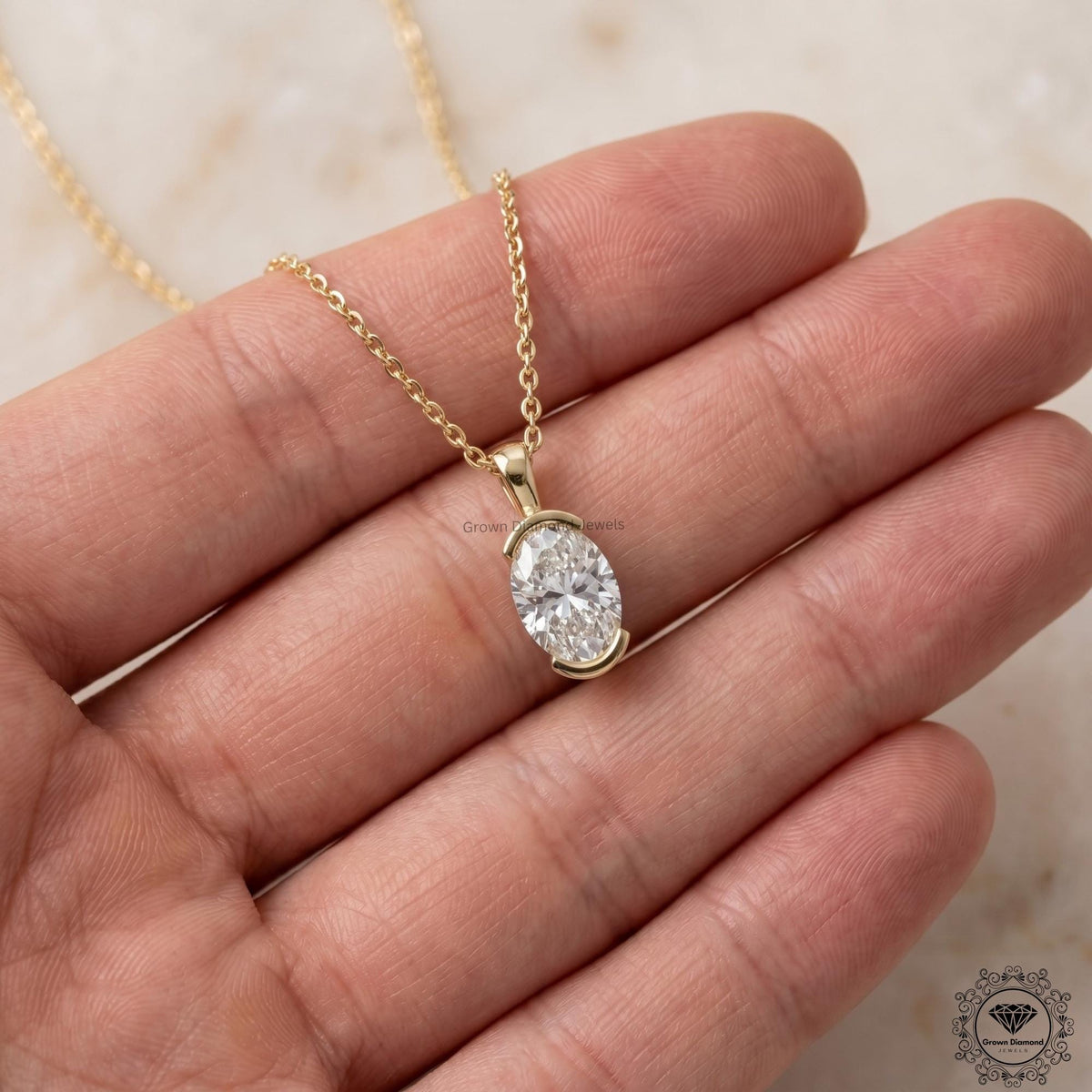 Lab Grown Oval Diamond Tension Set Pendant Necklace 14K Gold - GrownDiamondJewels