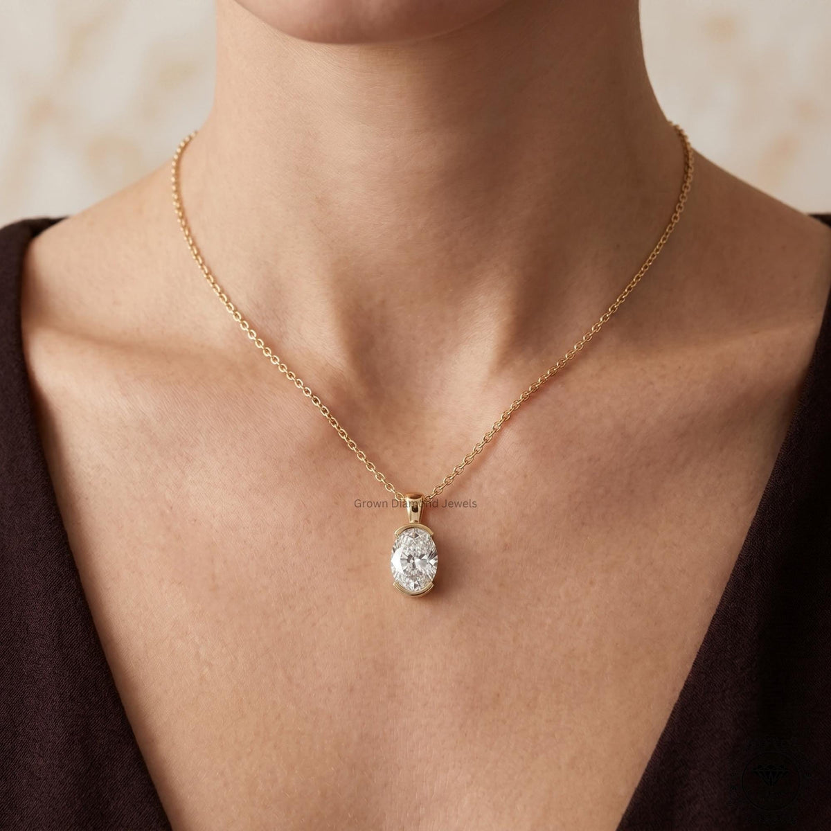 Lab Grown Oval Diamond Tension Set Pendant Necklace 14K Gold - GrownDiamondJewels