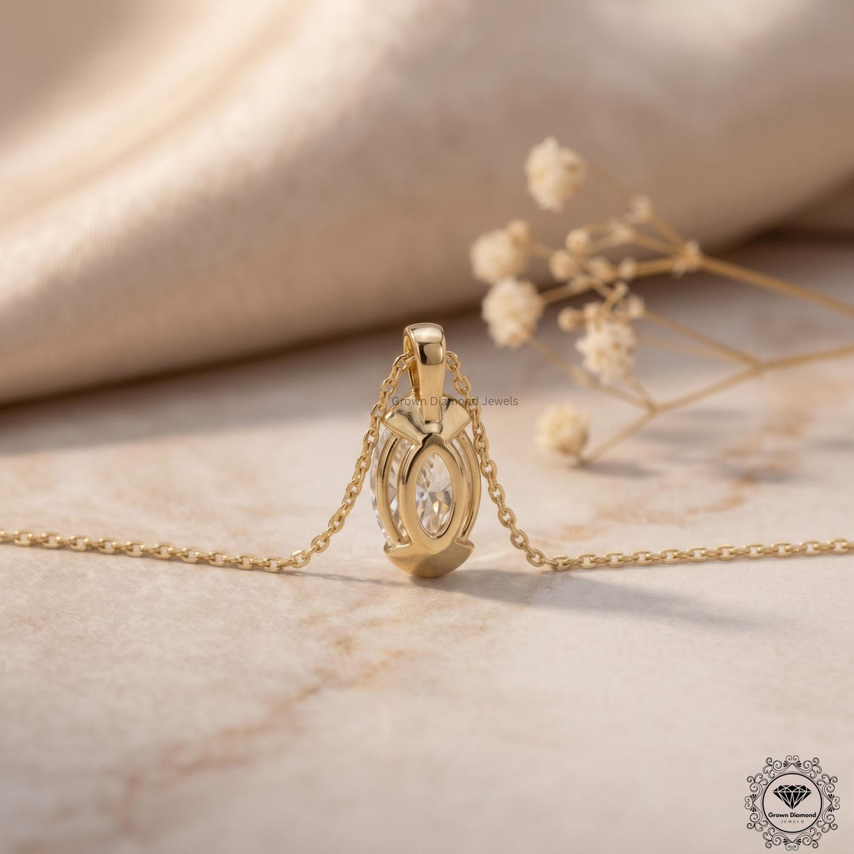 Lab Grown Oval Diamond Tension Set Pendant Necklace 14K Gold - GrownDiamondJewels