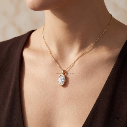Lab Grown Oval Diamond Tension Set Pendant Necklace 14K Gold - GrownDiamondJewels