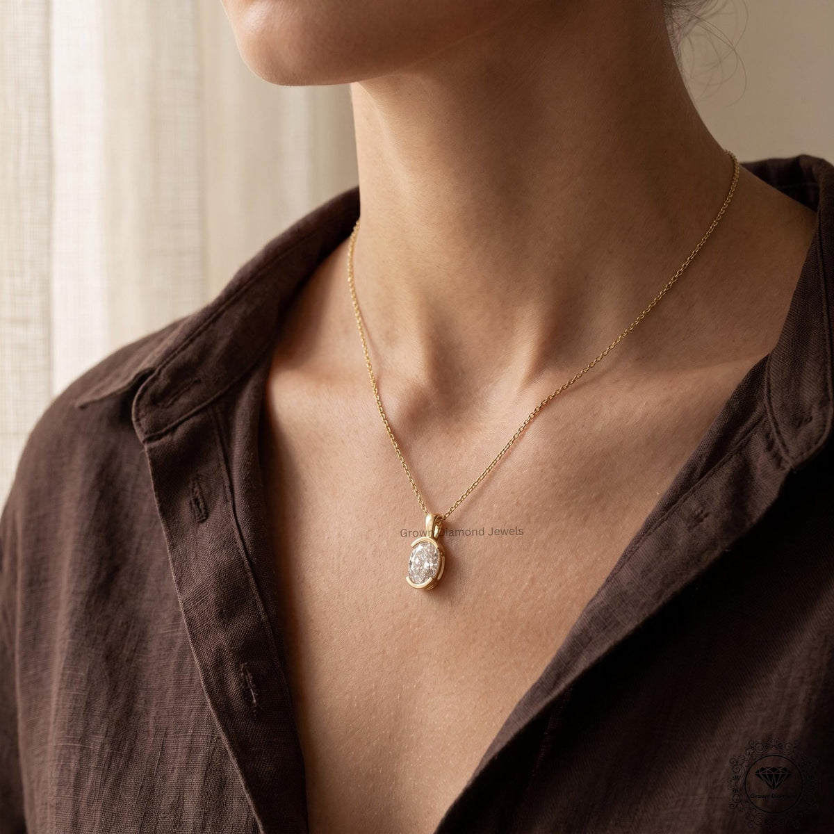Lab Grown Oval Diamond Tension Set Pendant Necklace 14K Gold - GrownDiamondJewels