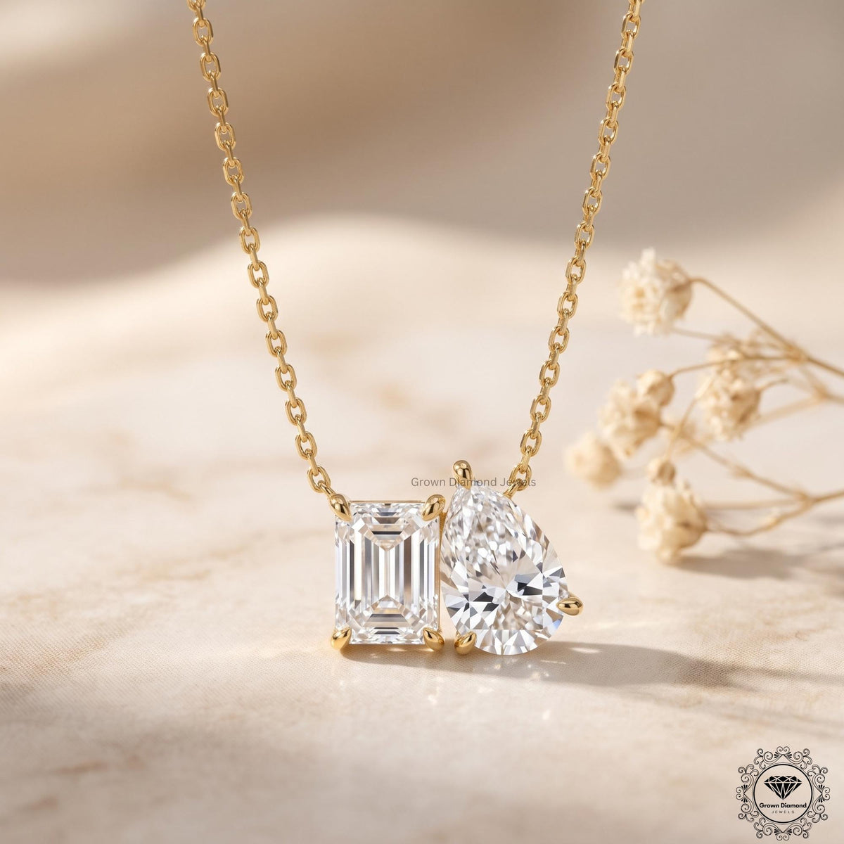Emerald & Pear Lab Grown Diamond Toi Et Moi Necklace 10K - GrownDiamondJewels
