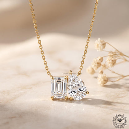 Emerald & Pear Lab Grown Diamond Toi Et Moi Necklace 10K - GrownDiamondJewels