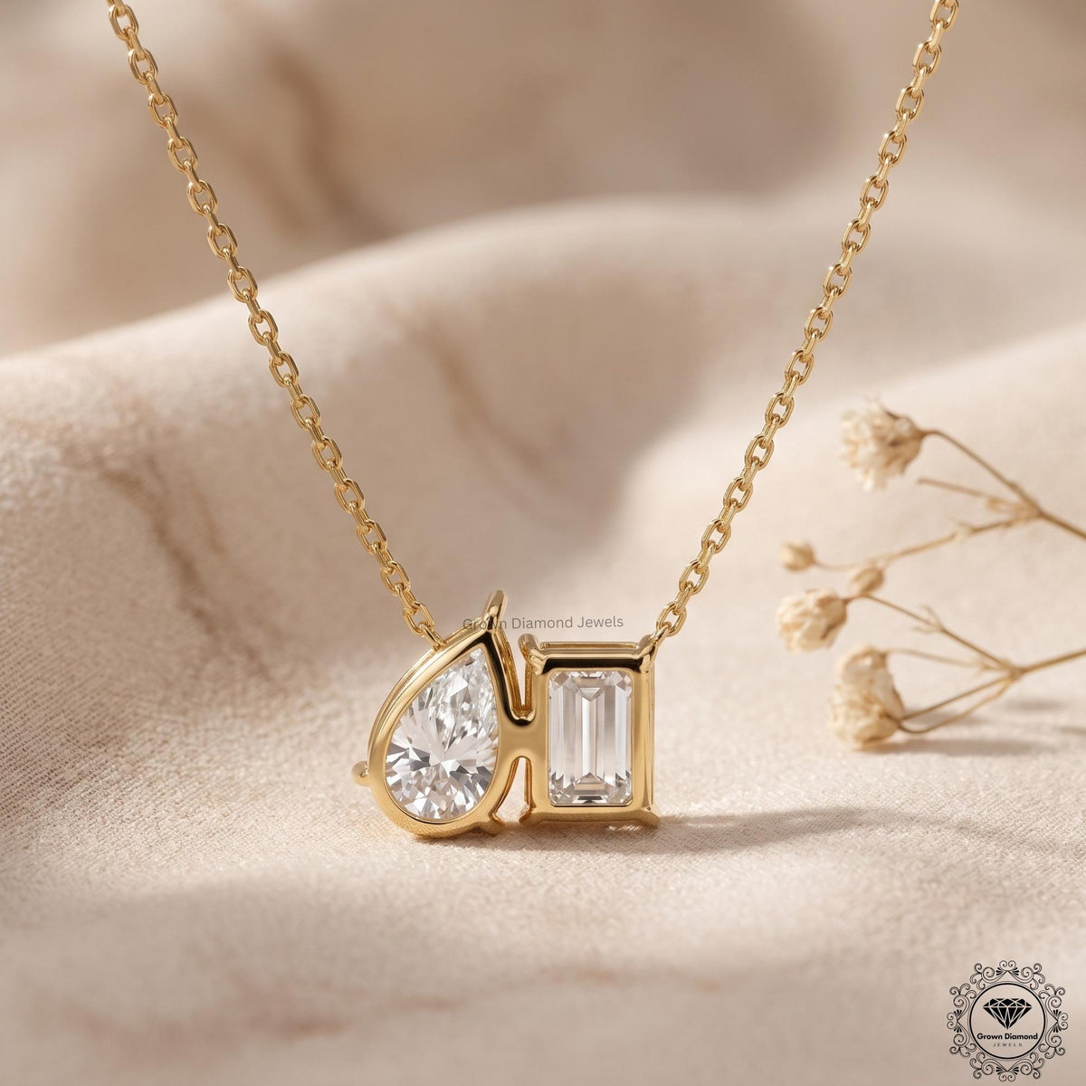 Emerald & Pear Lab Grown Diamond Toi Et Moi Necklace 10K - GrownDiamondJewels