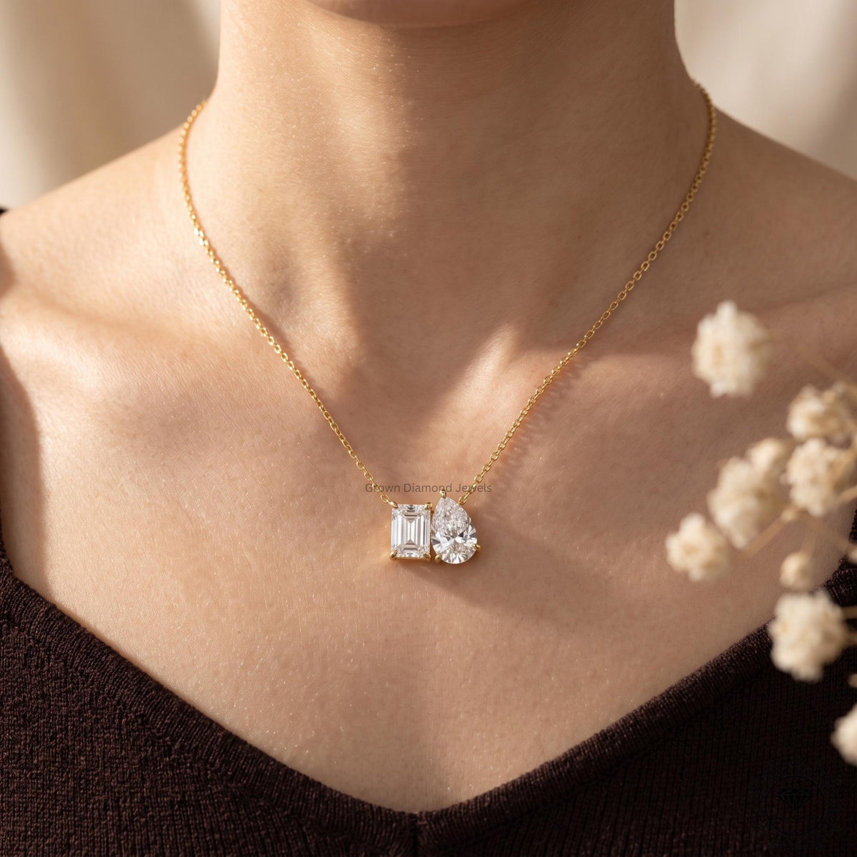 Emerald & Pear Lab Grown Diamond Toi Et Moi Necklace 10K - GrownDiamondJewels
