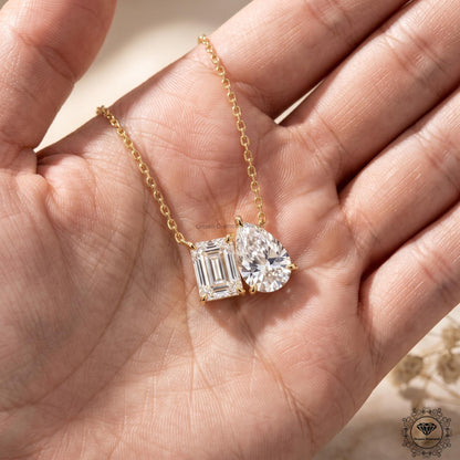 Emerald & Pear Lab Grown Diamond Toi Et Moi Necklace 10K - GrownDiamondJewels