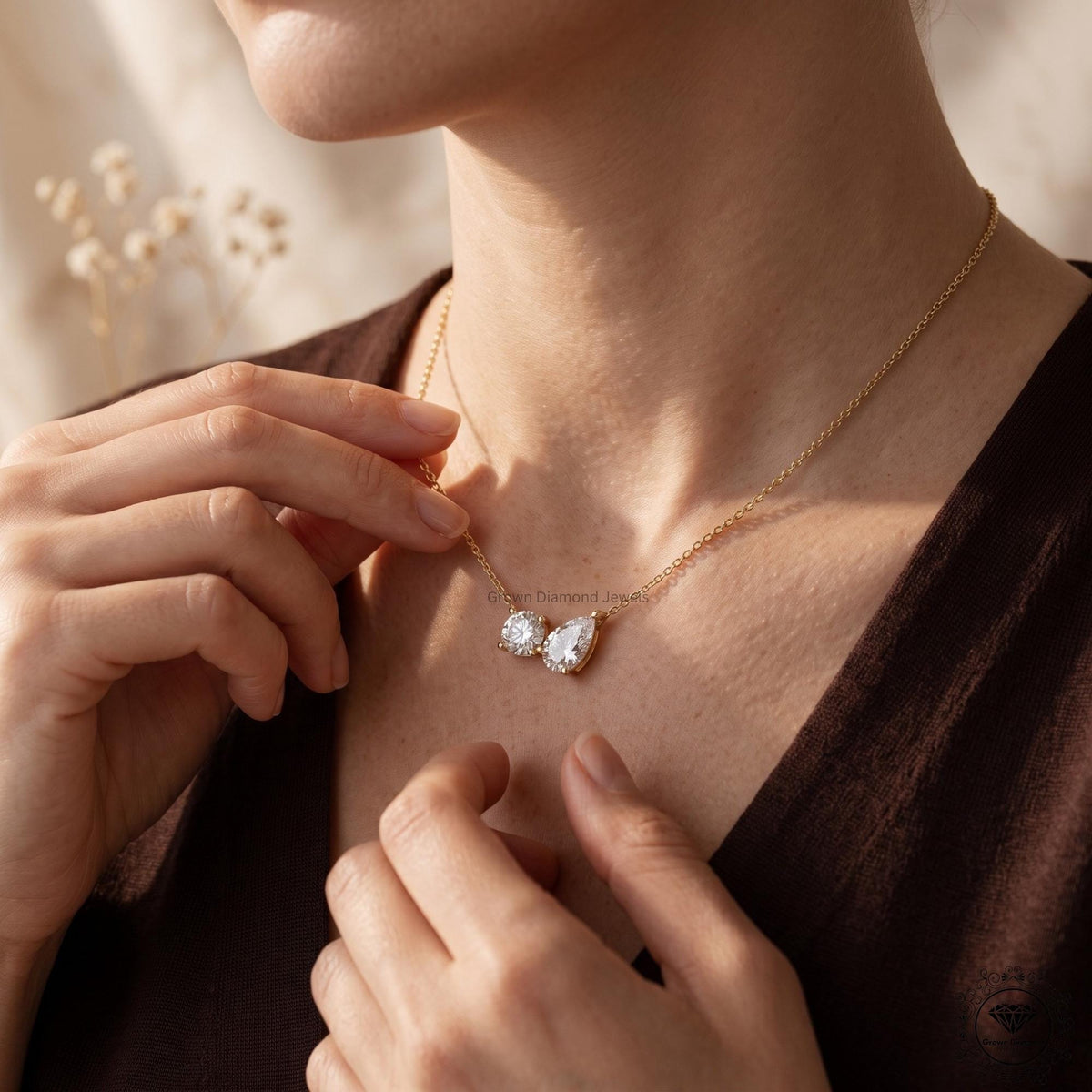 14K Gold Toi et Moi Necklace Round & Pear Lab Grown Diamond - GrownDiamondJewels