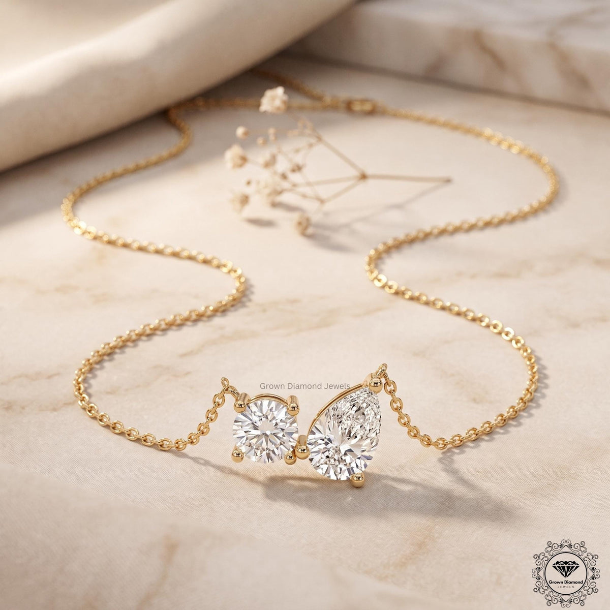 14K Gold Toi et Moi Necklace Round & Pear Lab Grown Diamond - GrownDiamondJewels