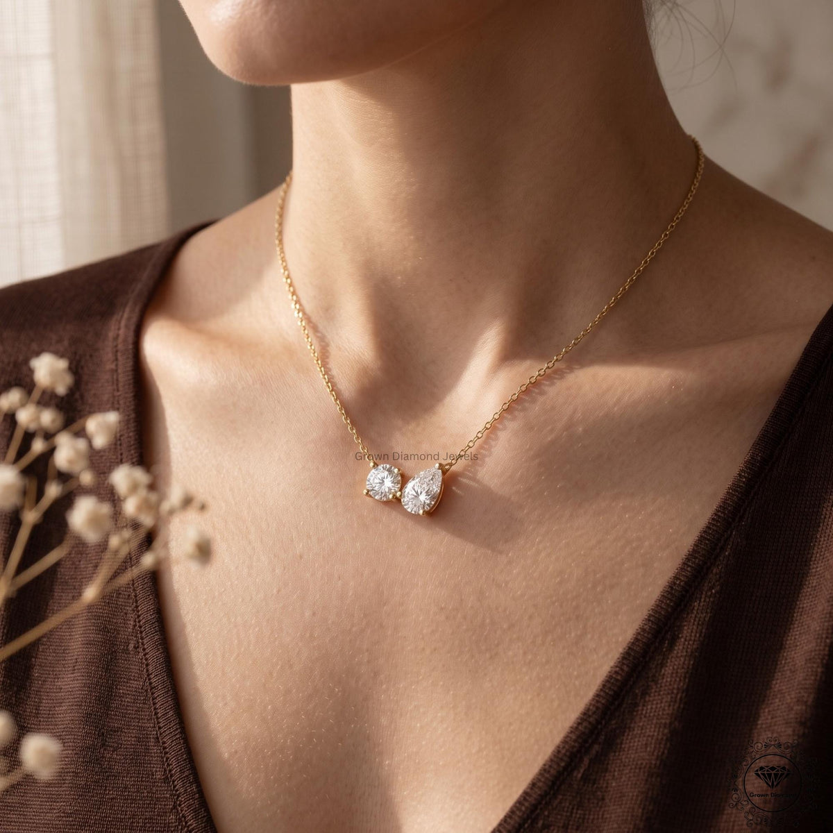 14K Gold Toi et Moi Necklace Round & Pear Lab Grown Diamond - GrownDiamondJewels