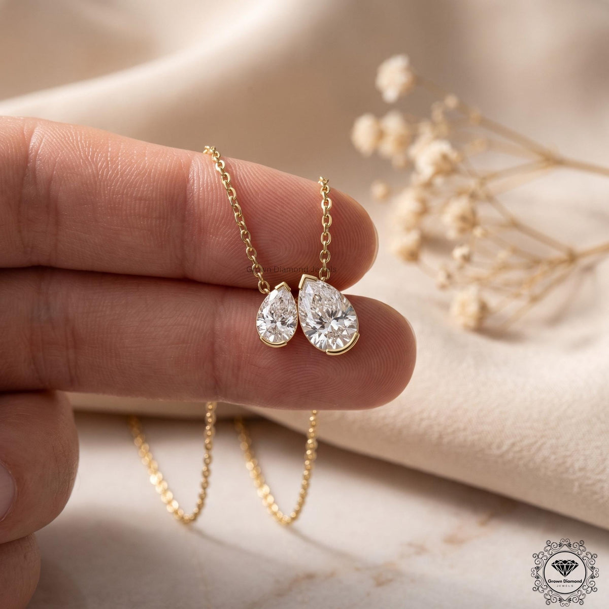 Pear Shaped Lab Grown Diamond Toi et Moi Necklace 10K Gold - GrownDiamondJewels
