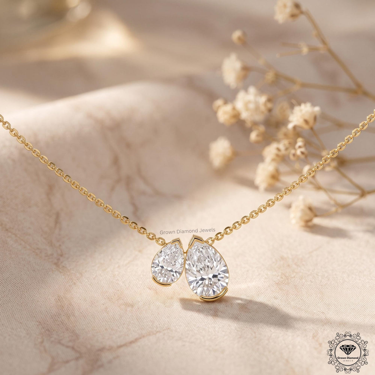 Pear Shaped Lab Grown Diamond Toi et Moi Necklace 10K Gold - GrownDiamondJewels