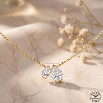 Pear Shaped Lab Grown Diamond Toi et Moi Necklace 10K Gold - GrownDiamondJewels