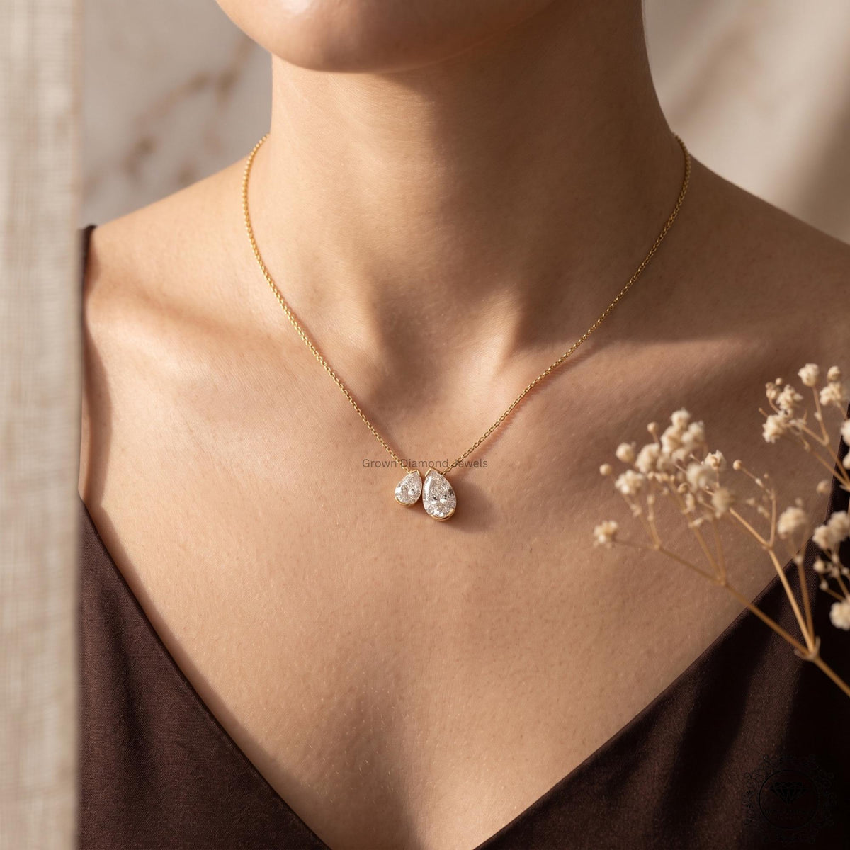 Pear Shaped Lab Grown Diamond Toi et Moi Necklace 10K Gold - GrownDiamondJewels
