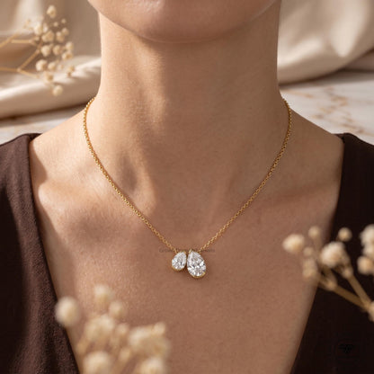 Pear Shaped Lab Grown Diamond Toi et Moi Necklace 10K Gold - GrownDiamondJewels