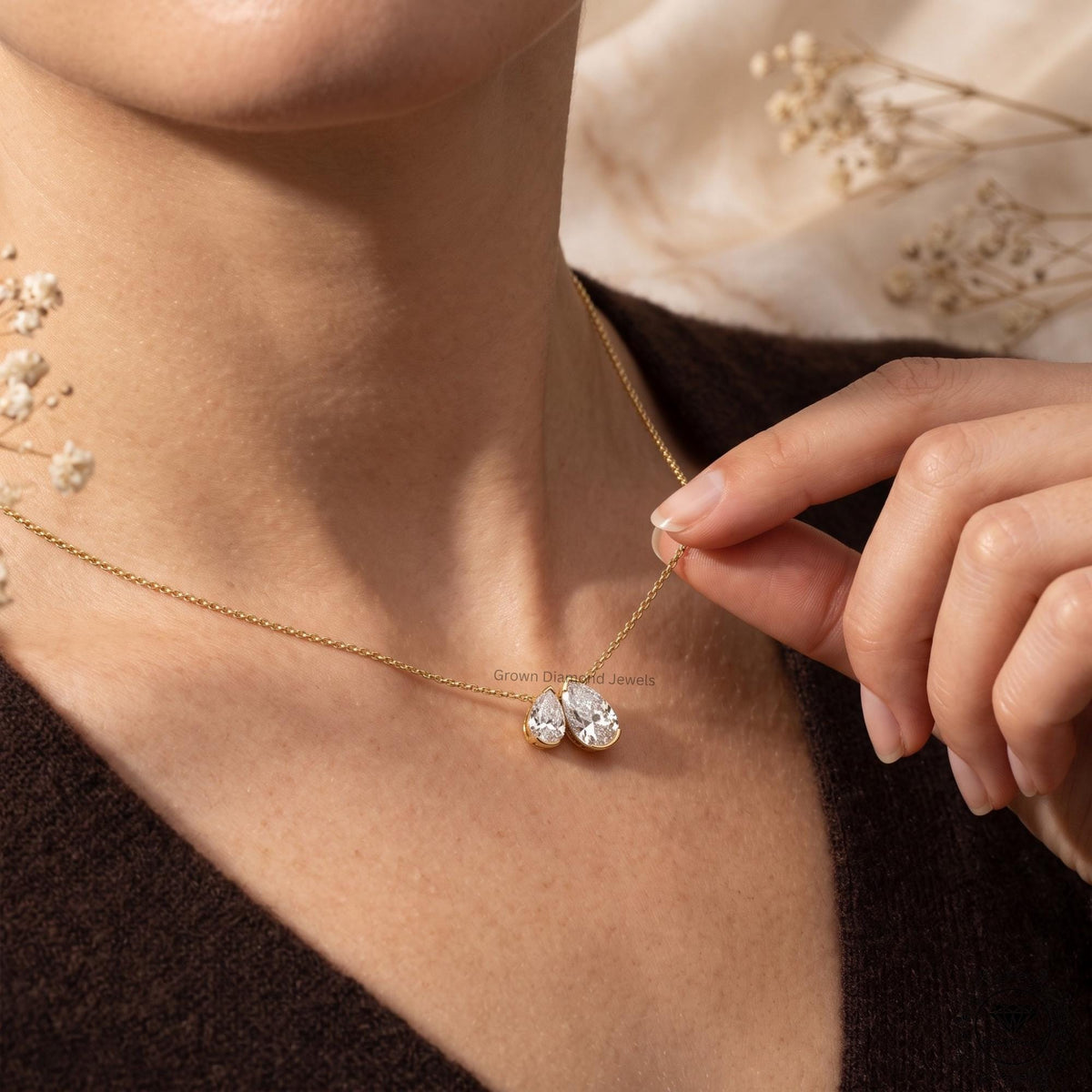 Pear Shaped Lab Grown Diamond Toi et Moi Necklace 10K Gold - GrownDiamondJewels