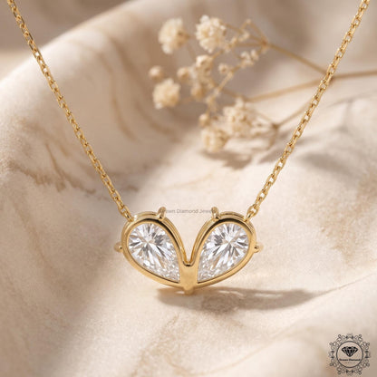 Toi et Moi Double Inverted Pear Diamond Necklace Two Stone - GrownDiamondJewels