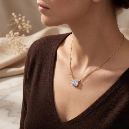 14K Gold Two Stone Necklace Oval & Emerald Cut Toi Et Moi - GrownDiamondJewels