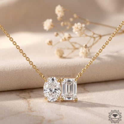 14K Gold Two Stone Necklace Oval & Emerald Cut Toi Et Moi - GrownDiamondJewels