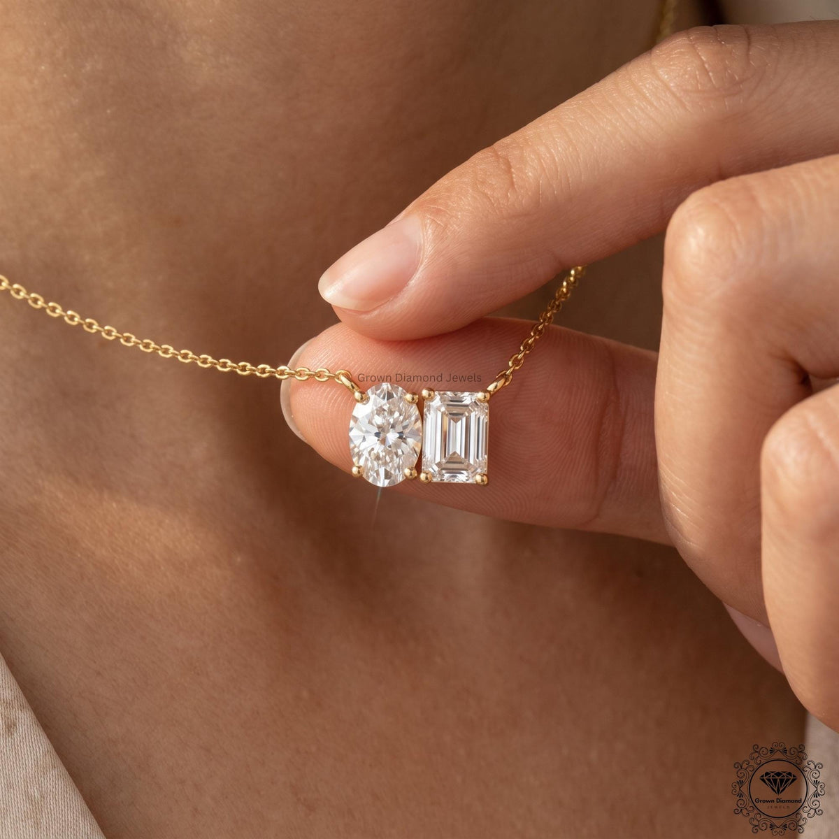14K Gold Two Stone Necklace Oval & Emerald Cut Toi Et Moi - GrownDiamondJewels