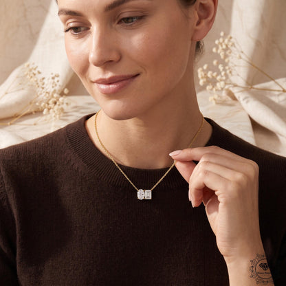 14K Gold Two Stone Necklace Oval & Emerald Cut Toi Et Moi - GrownDiamondJewels