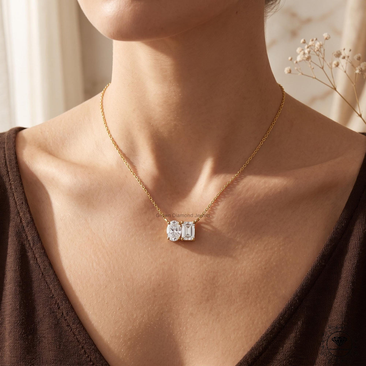 14K Gold Two Stone Necklace Oval & Emerald Cut Toi Et Moi - GrownDiamondJewels
