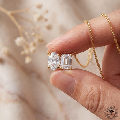 14K Gold Two Stone Necklace Oval & Emerald Cut Toi Et Moi - GrownDiamondJewels
