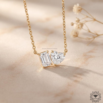 Heart & Emerald Lab Grown Diamond Toi Et Moi Necklace 18K - GrownDiamondJewels