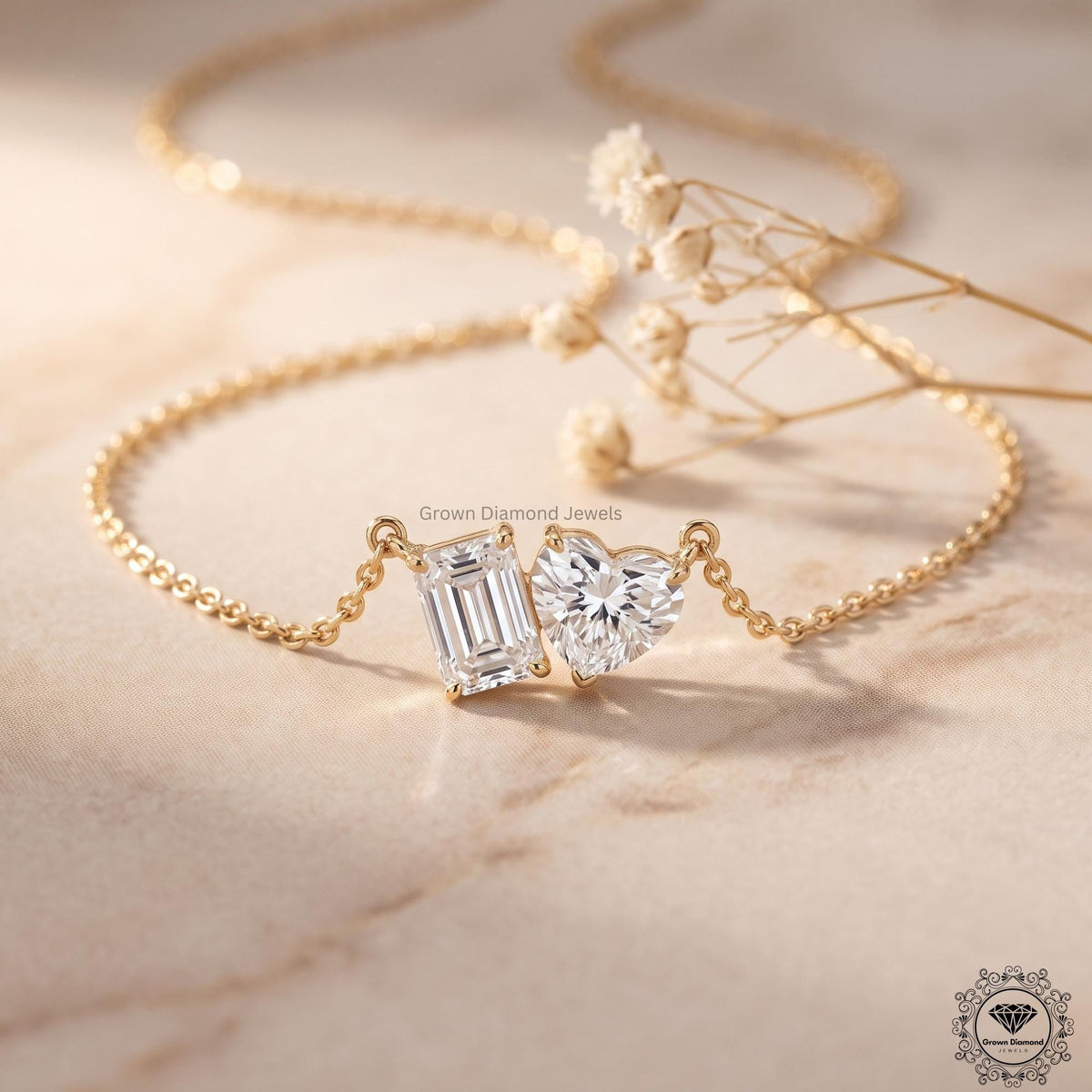 Heart & Emerald Lab Grown Diamond Toi Et Moi Necklace 18K - GrownDiamondJewels