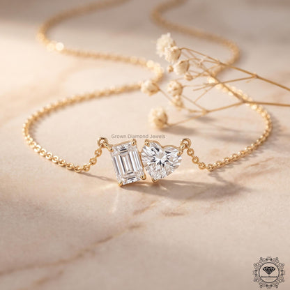 Heart & Emerald Lab Grown Diamond Toi Et Moi Necklace 18K - GrownDiamondJewels