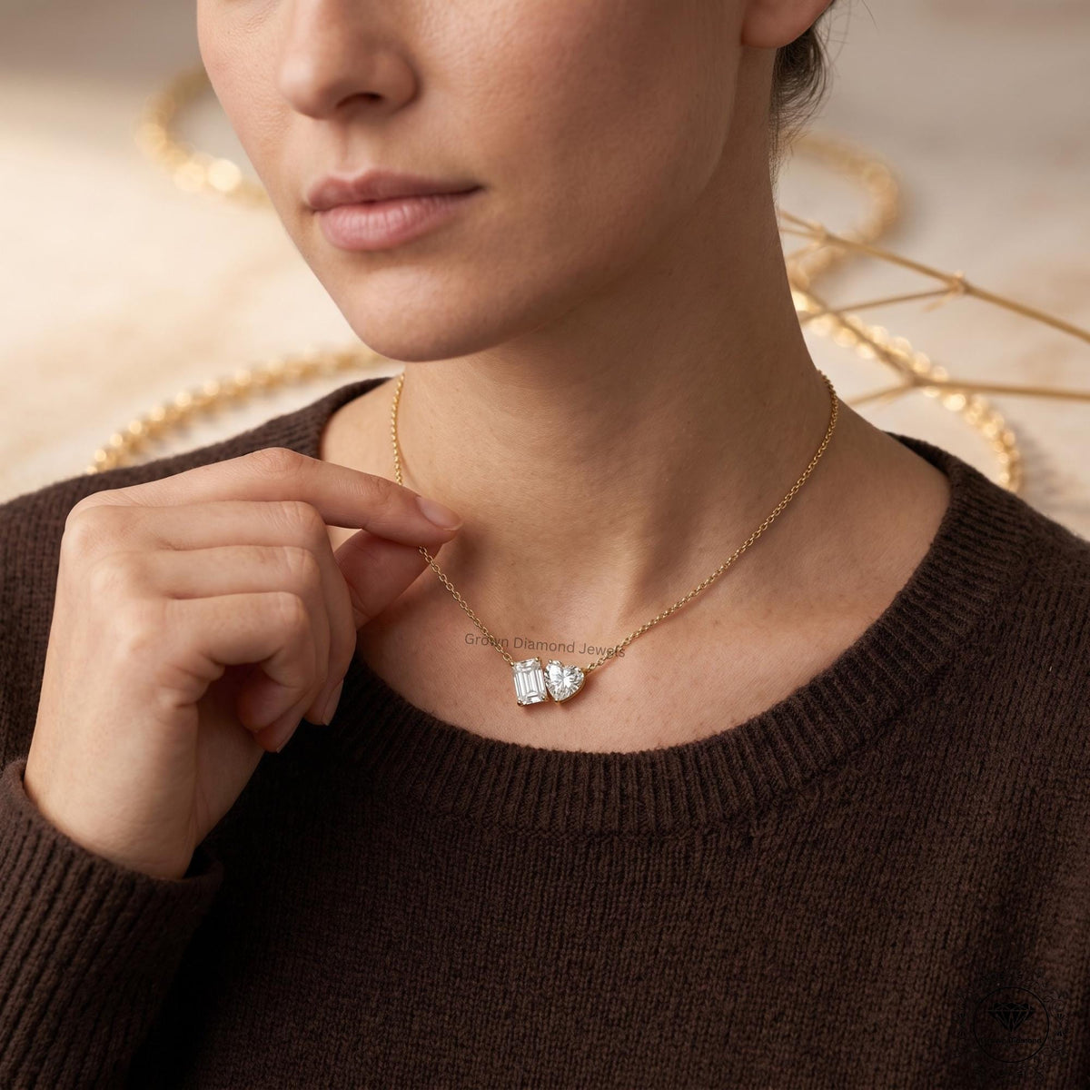 Heart & Emerald Lab Grown Diamond Toi Et Moi Necklace 18K - GrownDiamondJewels