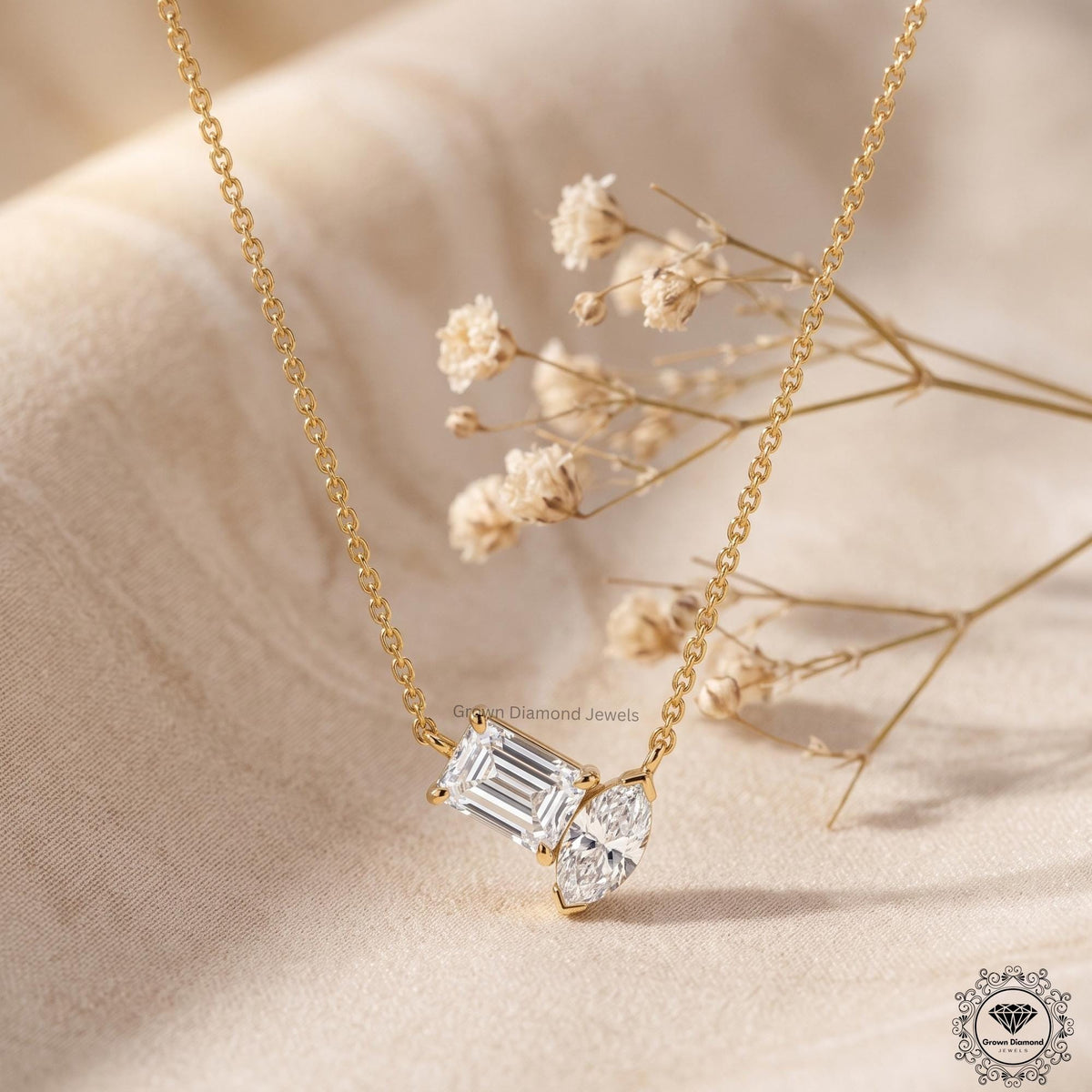 Marquise & Emerald Lab Grown Diamond Toi et Moi Necklace 18K - GrownDiamondJewels