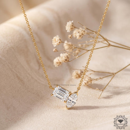 Marquise & Emerald Lab Grown Diamond Toi et Moi Necklace 18K - GrownDiamondJewels