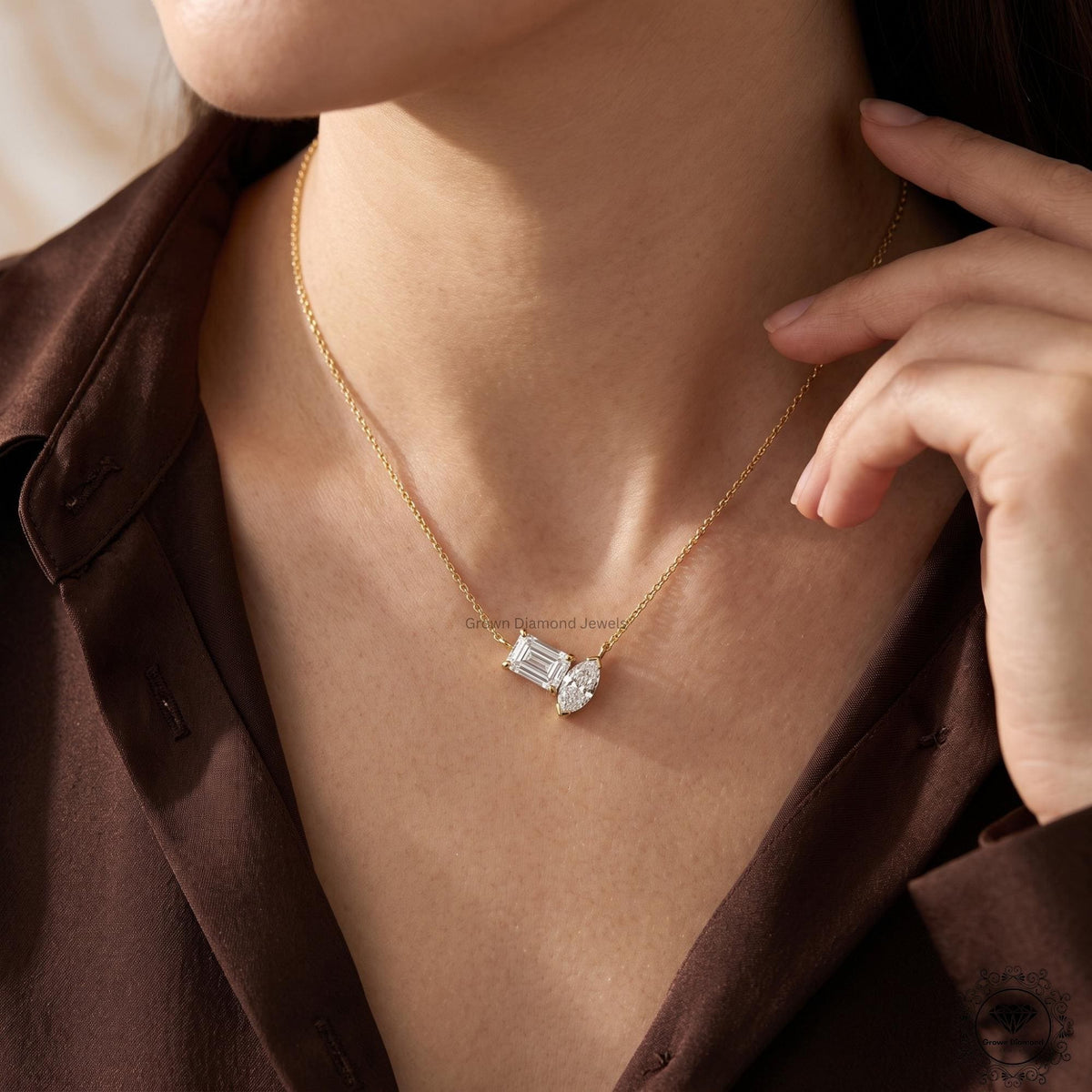 Marquise & Emerald Lab Grown Diamond Toi et Moi Necklace 18K - GrownDiamondJewels