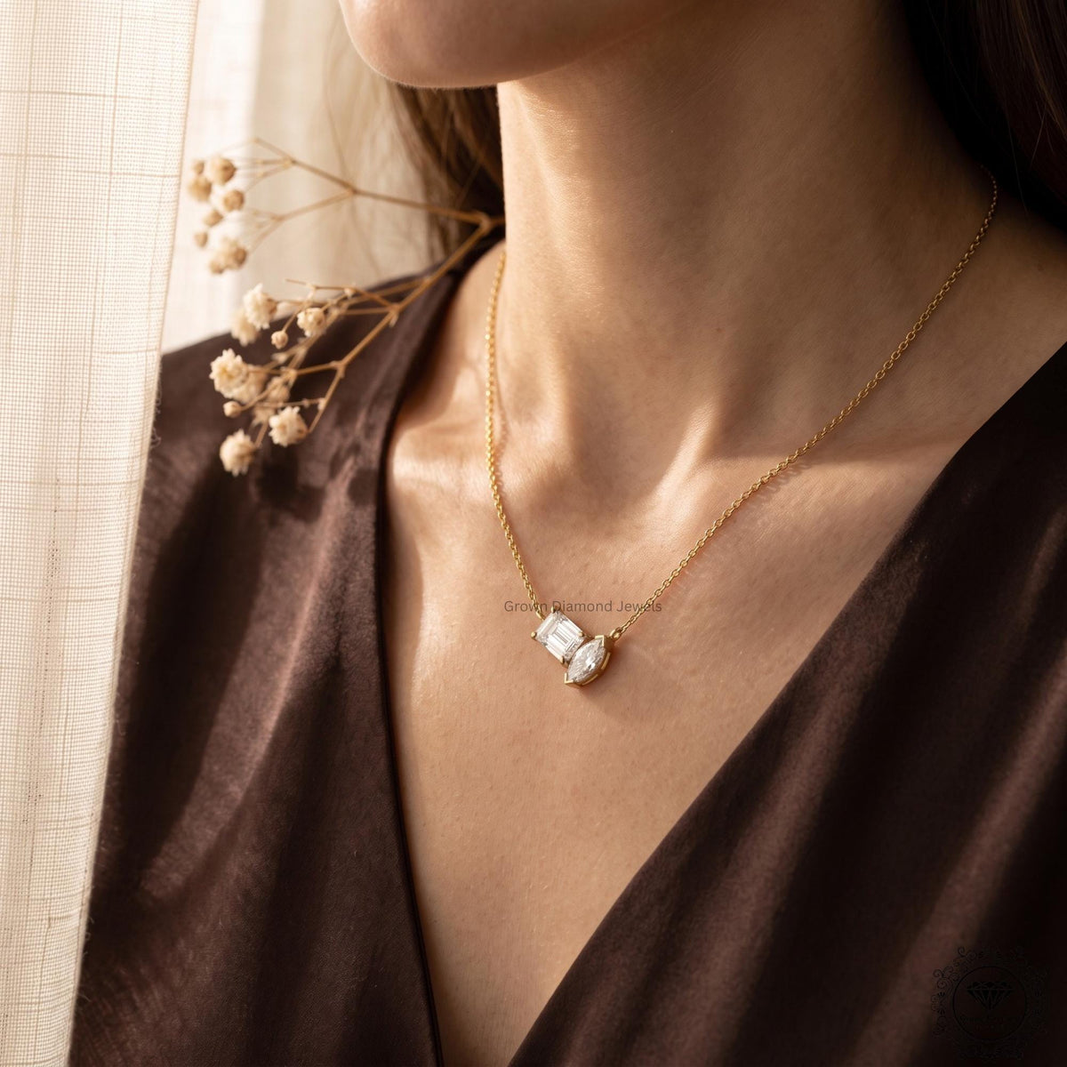 Marquise & Emerald Lab Grown Diamond Toi et Moi Necklace 18K - GrownDiamondJewels
