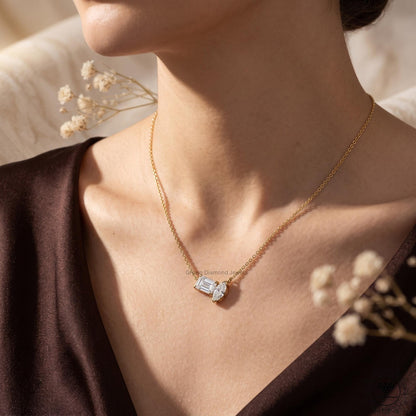 Marquise & Emerald Lab Grown Diamond Toi et Moi Necklace 18K - GrownDiamondJewels