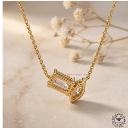 Marquise & Emerald Lab Grown Diamond Toi et Moi Necklace 18K - GrownDiamondJewels