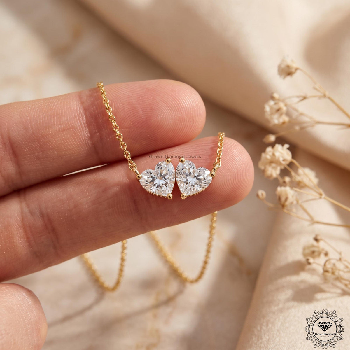 Heart Shaped Toi et Moi Necklace Lab Diamond Two Stone 14K - GrownDiamondJewels