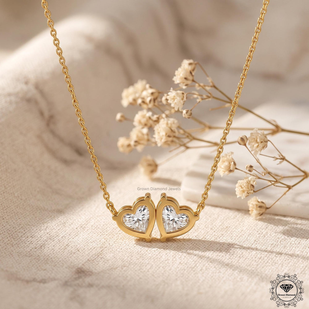 Heart Shaped Toi et Moi Necklace Lab Diamond Two Stone 14K - GrownDiamondJewels