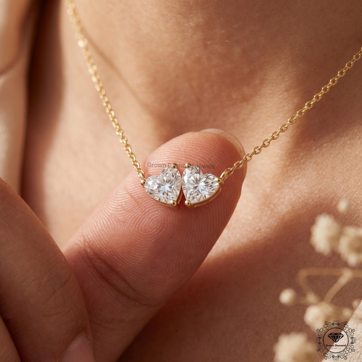 Heart Shaped Toi et Moi Necklace Lab Diamond Two Stone 14K - GrownDiamondJewels