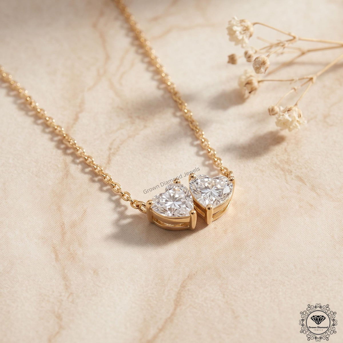Heart Shaped Toi et Moi Necklace Lab Diamond Two Stone 14K - GrownDiamondJewels